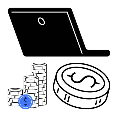 Madeni para yığınları ve madeni parayı gösteren dizüstü bilgisayarlar, yatırımlar, dijital ekonomi ve online bankacılık. Finans, iş, fintech, tasarruf ve yatırım stratejileri için ideal