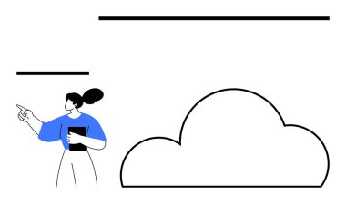 Mavi elbiseli kadın tablet tutuyor ve üzerinde yatay çizgiler olan büyük bir bulutu işaret ediyor. Teknoloji, bulut hesaplama, veri depolama, sunumlar, eğitim, bilişim çözümleri, bilgi grafikleri için ideal