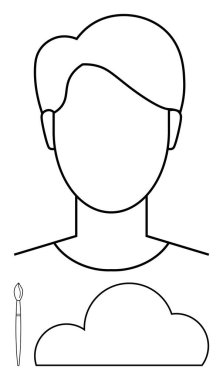 Bir insan kafasının soyut çizimi, bir boya fırçası ve figürün altında bir bulut içeriyor. Yaratıcılık kavramları, sanatsal çabalar, beyin fırtınası oturumları, kişisel kimlik temaları, sanat için ideal