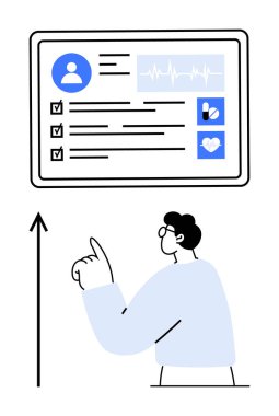 Dijital ekranda kullanıcı profili göstergeleri, kontrol listeleri, grafikleri olan kişiler. Sağlık, teknoloji, veri analizi, kullanıcı etkileşimi, dijital arayüzler, iş akışı optimizasyonu için ideal