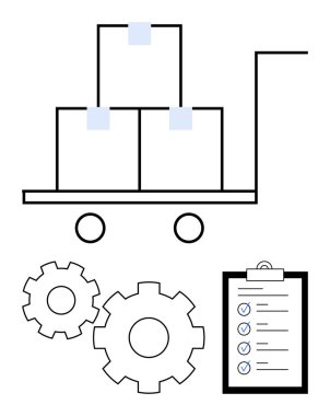 Depo tramvayı kutuları taşıyor, birbirine kenetlenmiş iki vites, listeli bir pano. Lojistik, envanter yönetimi, tedarik zinciri, üretim planlama, üretim süreci, kalite için ideal