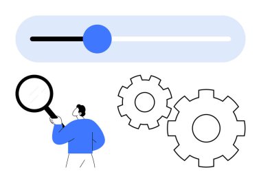 Büyüteç tutan adam, kaydıraç çubuğu ve ana unsurlar olarak iki vites. Analiz, ilerleme takibi, ayarlar, optimizasyon, geliştirme arama ve teknoloji temaları için ideal. Çizgi