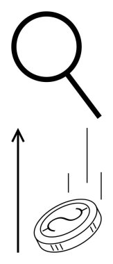 Büyüteç yukarı ok ve bozuk para büyüme analizini temsil ediyor. Ekonomik merak, finans, arzu. İş, yatırım, araştırma, motivasyon, keşif, refah için ideal