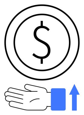 Çemberin içinde dolar işareti, mavi kol ve yukarı doğru mavi ok ile el. İş, finans, tasarruf, hedefler, yatırımlar, ekonomik büyüme ve bütçe temaları için ideal. Satır metaforu