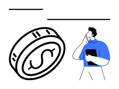 Dolar işareti olan büyük bir para ve düşünürken elinde tablet tutan bir adam. Finans, yatırım, tasarruf, ekonomik kararlar, bütçe yönetimi, para yönetimi, mali planlama için ideal. Satır metaforu