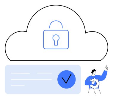 Güvenlik kilidi simgesi ve teknisyen teçhizatı olan bir bulut deposu. Bilgi panelinin yanında büyük işaretleme işareti. Siber güvenlik, bulut bilgisayarı, veri koruması, teknik destek, bilişim hizmetleri için ideal