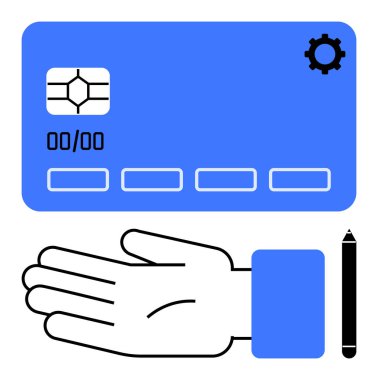 Credit card symbol, open hand, stylus pen, gear icon. Ideal for digital transactions, e-commerce, online banking, security financial technology payment systems user interface designs. Line clipart