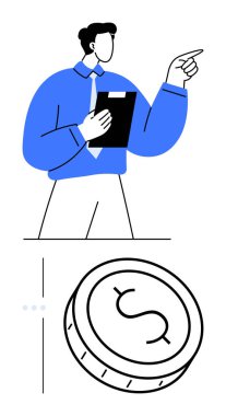 Mavi gömlekli adam pano tutuyor, aşağıdaki parayı işaret ediyor. Finansal sunumlar, iş stratejisi, ekonomik büyüme, kurumsal eğitim, yatırım tavsiyesi, bütçe planlaması için ideal