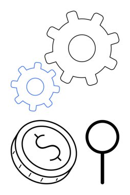 Birbirine kenetlenmiş iki vites, dolar işareti ve büyüteç. Ekonomik analiz, üretkenlik, finans, iş stratejisi, teknik yenilik, makine mühendisliği pazarı için ideal