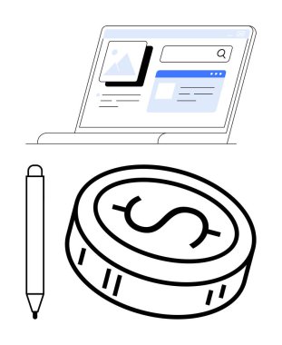 Bilgisayarda internet sayfası, kalem ve madeni para dijital pazarlamayı ve internet işini vurgulayan dolar işareti var. Finansal büyüme, teknoloji, web geliştirme, e-ticaret, dijital strateji, çevrimiçi için ideal