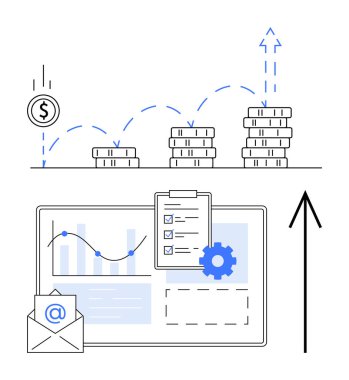 Artan madeni para yığınları, büyüyen oklar ve e-posta simgesine bitişik bir panoda bir çubuk grafik. Ticari büyüme, mali analiz, yatırım stratejisi ve ekonomik raporlar için ideal
