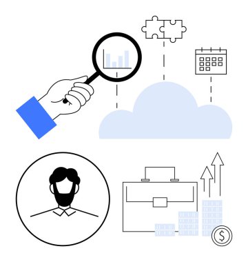 Büyüteç ölçüm çubuğu grafiği, yapboz parçaları, buluta bağlı takvim, erkek profili, evrak çantası, yükselen oklar, para desteleri, madeni para. İş analizi stratejisi için ideal
