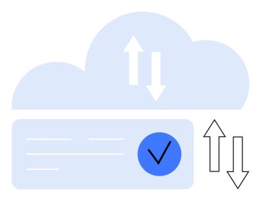 Mavi işaretli dikdörtgen bir kutunun üzerindeki mavi bulut. Yukarı ve aşağı oklar veri transferini gösteriyor. Bulut hesaplama, sunucu yönetimi, veri eşgüdümü, çevrimiçi depolama, bilgi için ideal