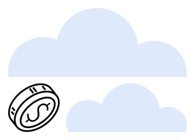 Dollar coin and blue clouds representing monetary savings in cloud computing. Ideal for technology, finance, cloud storage, cost savings, financial planning, digital services, and online banking clipart