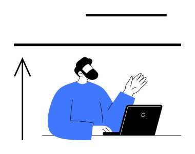 Mavi kazaklı adam dizüstü bilgisayarla oturur ve yukarı doğru siyah ok işaretlerini sallar. İş büyümesi, iletişim, sunumlar, çevrimiçi toplantılar, teknoloji, uzaktan çalışma, eğitim için ideal