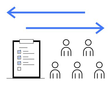Görev listesi ve işaretlenmiş ögeler, altı insan simgesinin önünde, farklı yönlerde mavi oklar. Üretkenlik, takım çalışması, iletişim, beyin fırtınası, organizasyon, görev heyeti için ideal
