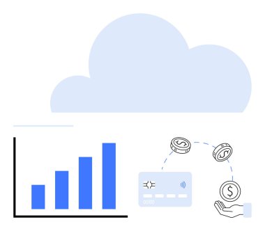 Artan bar çizelgesinin üstündeki mavi bulut, kredi kartı, yüzen paralar, para alan eller. Fintech, bankacılık, yatırımlar, çevrimiçi ödemeler, iş büyümesi geliri dijital izleme için ideal