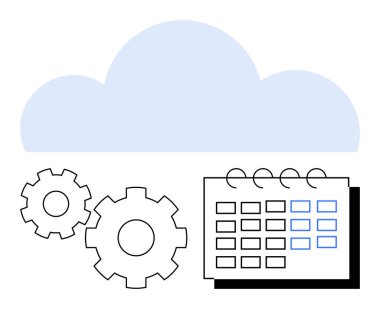 Dişliler ve takvimle birlikte bulut arkaplanı. Proje planlama, bulut hesaplama, çevrimiçi programlama, üretkenlik araçları, otomasyon, dijital organizasyon ve iş akışı optimizasyonu için ideal. Satır metaforu
