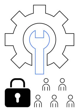 İngiliz anahtarı emniyet kilidi ve takım simgeleriyle donatılmış. Takım çalışması, bakım, güvenlik, işbirliği, iş gücü, organizasyon, takım çalışması temaları Satır metaforu için ideal