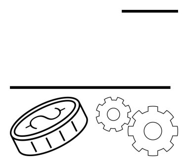 Coin with dollar sign, two gears, and horizontal lines. Ideal for financial concepts, business processes, economic strategies, mechanical systems, technical operations, automation workflow clipart