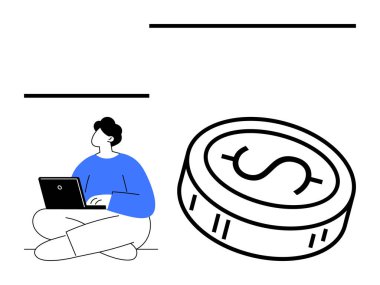 Üzerinde dolar işareti olan büyük bir madeni para sembolünün yanında dizüstü bilgisayarla bacak bacak üstüne atmış biri oturuyor. Finans, teknoloji, çevrimiçi öğrenme, serbest çalışma, uzaktan çalışma, e-ticaret, dijital pazarlama için ideal