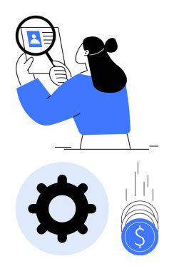 Kimlik kartında büyüteç tutan kadın, aşağıda büyük vites simgesi ve bir yığın bozuk para. İK, operasyon, finans, iş stratejisi, danışmanlık eğitimi için ideal. Çizgi