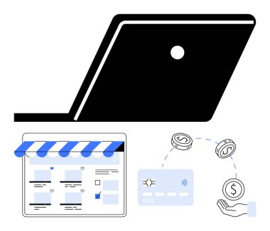 Üst görüntüde dizüstü bilgisayar, mavi tenteli e-ticaret mağazası, kredi kartı, el yapımı para. Çevrimiçi alışveriş, e-ticaret, dijital işlemler, fintech, pazarlama ağı, v07 tasarım perakende satış için ideal