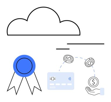 Bulut taslak, mavi kalite kurdele, dijital ödeme kartı, elinin etrafında paralar. Bulut hizmetleri, dijital ödemeler, finans teknolojisi, çevrimiçi güvenlik, veri yönetimi e-ticaret kalitesi için ideal