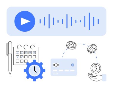 Kalem ve takvim kontrol listesi, saat donanımı, ses dalgası çalar, kredi kartı ve eller arasında para transferi. Finans, üretkenlik, zamanlama, bütçe, ses teknolojisi bankacılık zamanı için ideal