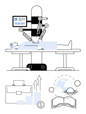 Robotic arms performing surgery on a patient in a medical facility. Ideal for healthcare innovation, medical technology, futuristic medicine, healthcare improvement, science exploration, space clipart