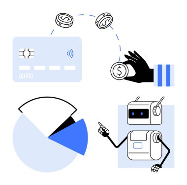 Bozuk para banka kartı robotu ve veri pasta grafiği olan bir el. Finans, otomasyon, teknoloji, dijital ödeme, robot bilimi, veri analizi, nakitsiz toplumlar için idealdir. Satır metaforu