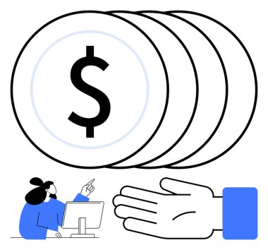 Dolar sembollü para yığınları, uzanan bir el, işaret eden bir masa. Finans, yatırım, destek, istişare, tasarruf rehber temaları için idealdir. Satır metaforu