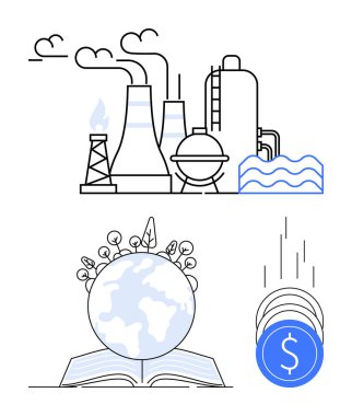 Bacaları ve suyu olan sanayi fabrikası, bitkileri ve kitapları olan dünya, düşen madeni paralar. Sanayi, sürdürülebilirlik, ekonomi, eğitim, küresel büyüme, mali yatırımlar için ideal çevre