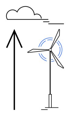 Rüzgar türbini bulutlu enerji üretiyor ve ok yukarı doğru hareket ettiğini gösteriyor. Sürdürülebilir enerji, çevre dostu girişimler, yenilenebilir kaynaklar, çevresel etki, temiz