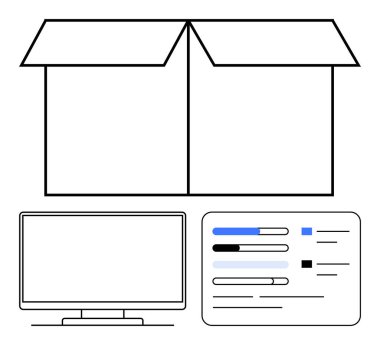Ekranda bilgisayar monitörü ve proje yönetimi yazılım arayüzü olan karton kutuyu aç. Ecommerce, lojistik, teknoloji, iş dünyası, proje yönetimi, çevrimiçi alışveriş ve dağıtım için ideal