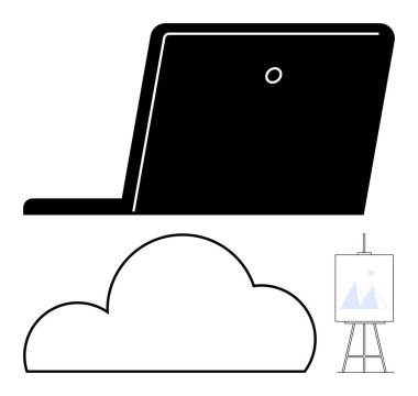 Laptop silueti, bir bulut çizgisi ve basit bir sehpanın yanında. Teknoloji için ideal, yaratıcı endüstri, bulut hesaplama, sanat, tasarım, dijital çalışma alanı, çevrimiçi öğrenme. Satır metaforu
