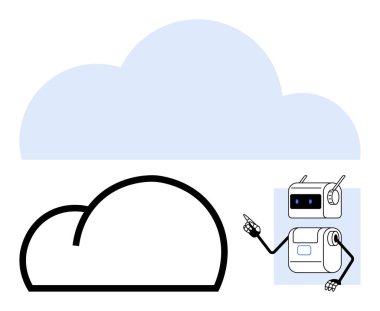Dost canlısı robot, basitleştirilmiş iki bulut simgesini işaret ederek, bağlantıyı, teknolojiyi ve yeniliği vurguluyor. Yapay zeka, bulut hesaplama, robot bilimi, veri depolama, dijital dönüşüm, teknoloji için ideal