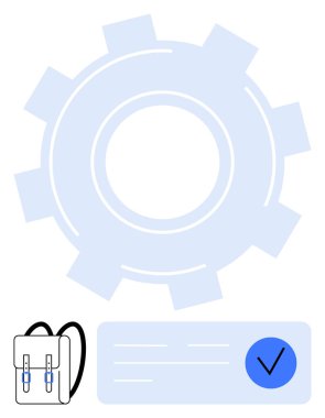 Kontrol işareti simgesi ve sırt çantası illüstrasyonlu büyük açık mavi dişli. Üretim, organizasyon, okula dönüş, proje yönetimi, eğitim araçları, görev tamamlama ve kontrol listesi için ideal