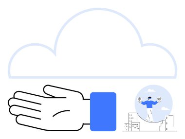 El, büyük şeffaf bulut, insan dengeleyici öğeler, basitleştirilmiş şehir manzarası üzerinde daha küçük, mavi beyaz siyah. Teknoloji, destek, denge, sorumluluk bağlantı bulut hesaplaması için ideal