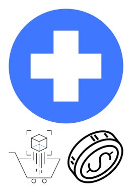 Çemberde mavi haç, içinde küp olan alışveriş arabası ve dolar işareti olan bozuk para. Dijital sağlık, e-ticaret, fintech, kripto para birimi, çevrimiçi alışveriş, tıbbi teknoloji ve finans için ideal