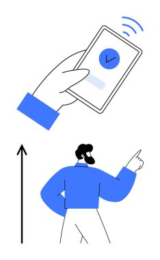 Elinde işaretli mavi kollu akıllı telefon yukarı doğru ok işareti var. Büyüme, yenilik, teknoloji, ilerleme, yön, başarı ve gelecek için idealdir. Satır metaforu