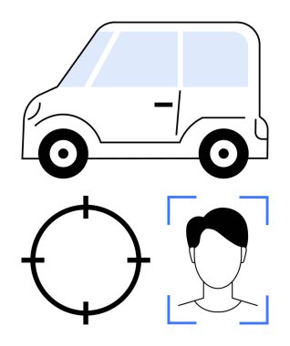 Araba ikonu, dairesel hedef ve yüz tanıma sistemi. Güvenlik sistemleri, kimlikler, yapay zeka, otomotiv, gözetleme mahremiyeti ve teknoloji kavramları için ideal. Satır metaforu
