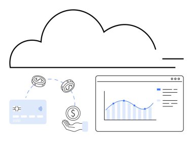 Bulut simgesi, dijital kredi kartı, bozuk paralarla el, ve internet, v07 grafik finansal teknoloji ve veri analizini temsil ediyor. Fintech, bulut hizmetleri, çevrimiçi ödemeler, mali yönetim için ideal