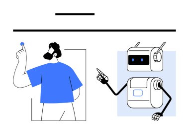 Mavi gömlekli adam düğmeyi gösteriyor, robot taklidi yapıyor. Teknoloji, yapay zeka, gelecek, yenilik, insan-robot etkileşimi, takım çalışması, dijital dönüşüm için ideal. Satır metaforu