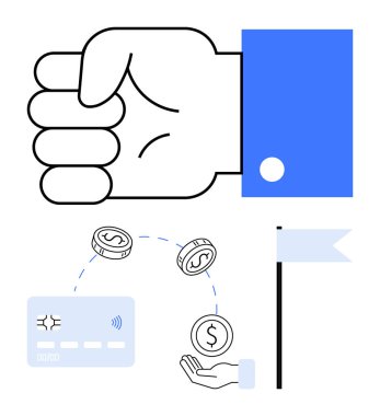 Dijital kredi kartının üzerindeki yumruklar, paraların bayrağa yakın el değiştirdiğini gösteriyor. Fintech, online ödemeler, bankacılık, finans hizmetleri, e-ticaret, mobil işlem güvenliği için ideal. Çizgi