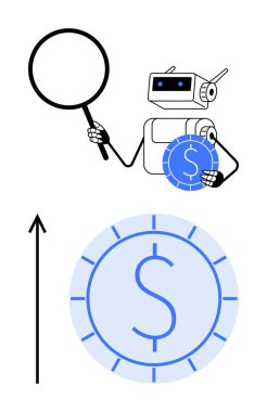 Büyüteci olan robot madeni parayı yukarı doğru kontrol ediyor ve maddi büyümeyi gösteriyor. Finans, teknoloji, analiz, başarı, yenilik, yatırım ve ilerleme için ideal. Satır metaforu