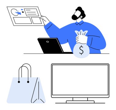 Finansal danışman, elinde laptop, alışveriş çantası ve boş monitörle para çantası tutarken haritaları analiz ediyor. Finans, e-ticaret, sunumlar, yatırım, iş planlaması için ideal