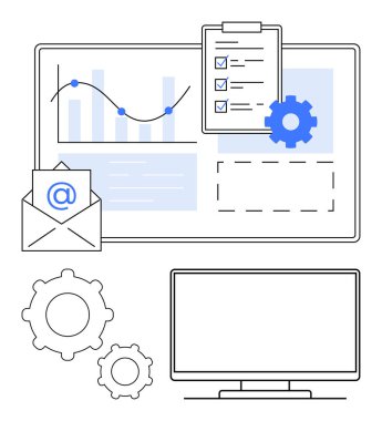 Noktalı grafikler, e-posta zarfı, listeli pano, mavi vites, boş ekran ve vitesler. İş analizi, proje yönetimi, takım çalışması üretkenlik teknolojisi için ideal dijital