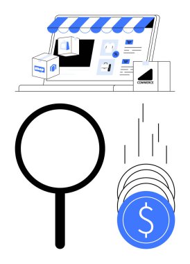 Çevrimiçi mağaza önü bir laptop ekranında büyüteç ve bir yığın bozuk parayla gösteriliyor. E-ticaret, çevrimiçi alışveriş, piyasa araştırması, dijital satış, finansal büyüme, iş