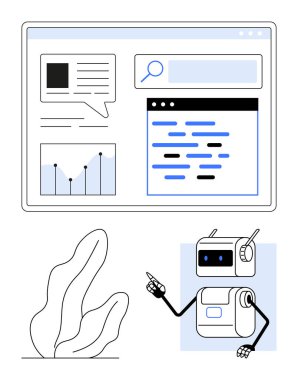 Bilgisayar ekranında veri analizi, arama çubuğu ve çizelgesi var. Antenli robot stilize bitkinin yanında. Yapay zeka, otomasyon, veri analizi, teknoloji, araştırma, web geliştirme için ideal